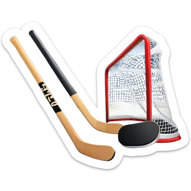 An icon showing a close-up of a hockey stick, puck, skates, and hockey net placed on the ice. The background features a packed stadium with bright lights, cheering fans, and snowy scenery outside. Transparent background highlights the key elements of the game. sticker