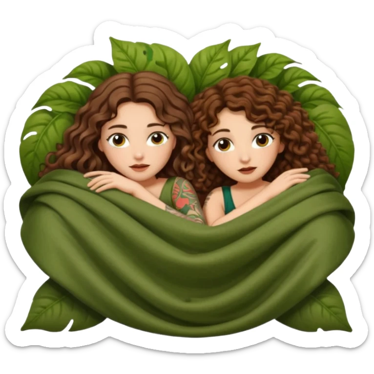 fake sleep pose — long wavy brown hair tattooed woman and short tight curly brown hair woman — peeking under leaf blanket sticker
