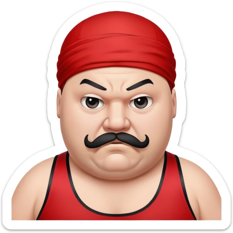 Extreme close-up of face of morbidly obese white skin guy with young face, prominent BLACK DURAG tied clearly on head, distinct black beard and mustache, black eyes in a red and black wrestling singlet with angry expression sticker