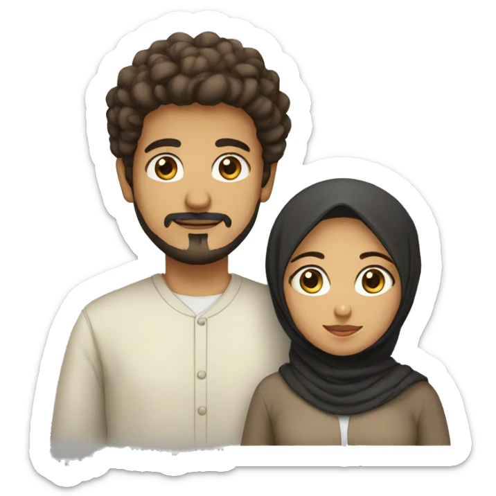 brown muslim couple. the boy has short curly hair, goatee and moustache, black eyes. The girl has hijab  sticker