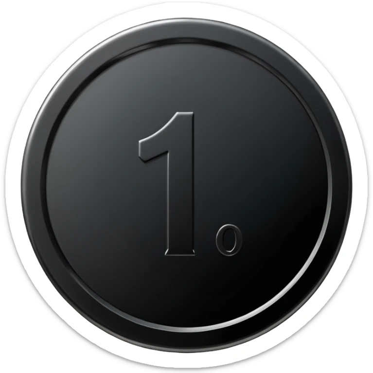 Emoji icon of a black coin with engraved number 1, minimalist style, isolated sticker