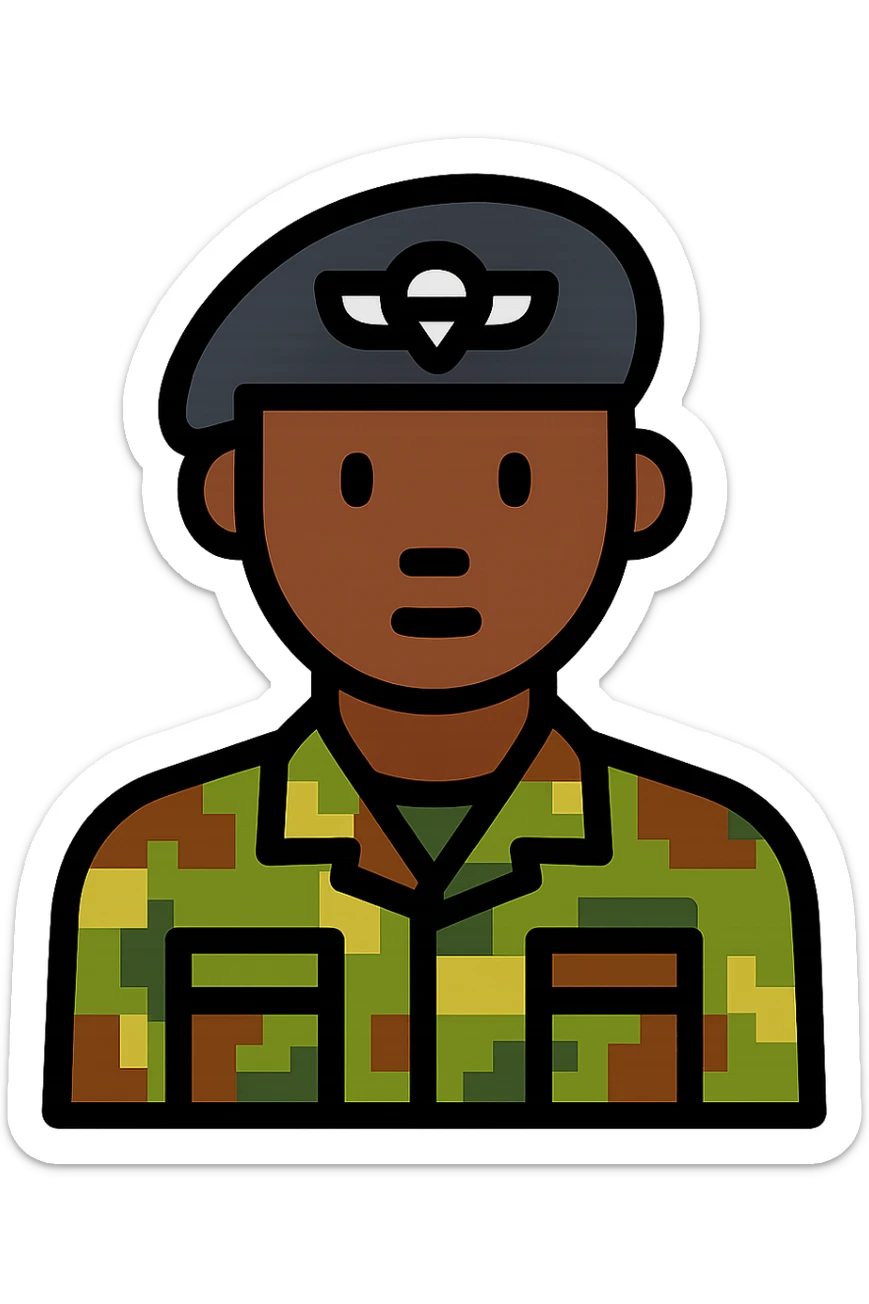 militar con uniforme pixelado boscoso, boina negra con emblema paracaidista, piel morena sticker