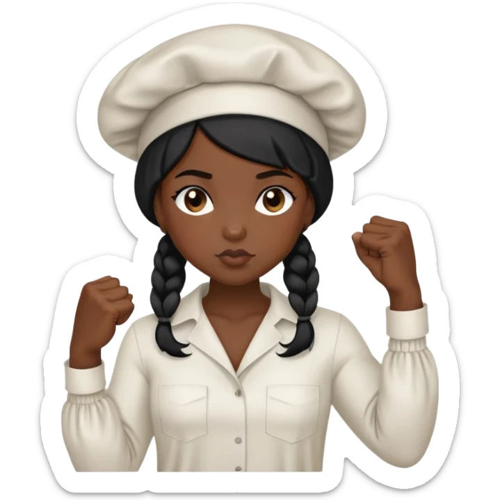 tell your AI emoji app to do an emoji of a girl wearing a black silk bonnet and a oversized shirt that says “butch-up” with a fist  sticker