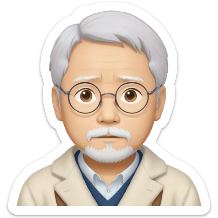 Cinematic Realistic Hayao Miyazaki Portrait Emoji, depicted as a visionary filmmaker with a gentle imaginative expression and artistic flair, rendered with delicate textures and soft enchanting lighting that captures his legendary storytelling. sticker