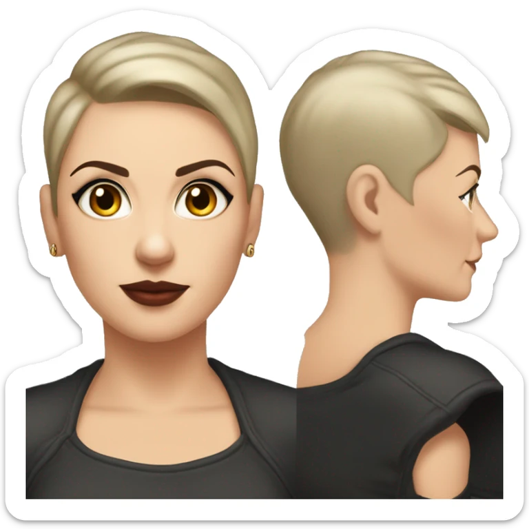white woman in her forties brown eyes shaved hair on one side black short hair on other side upturned nose black tanker tattoo on the shoulders sticker