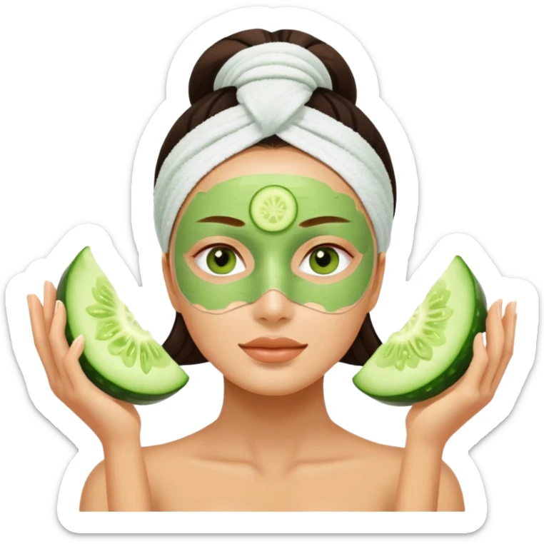 woman with green facial mask, cucumber slices on eyes, spa relaxation sticker