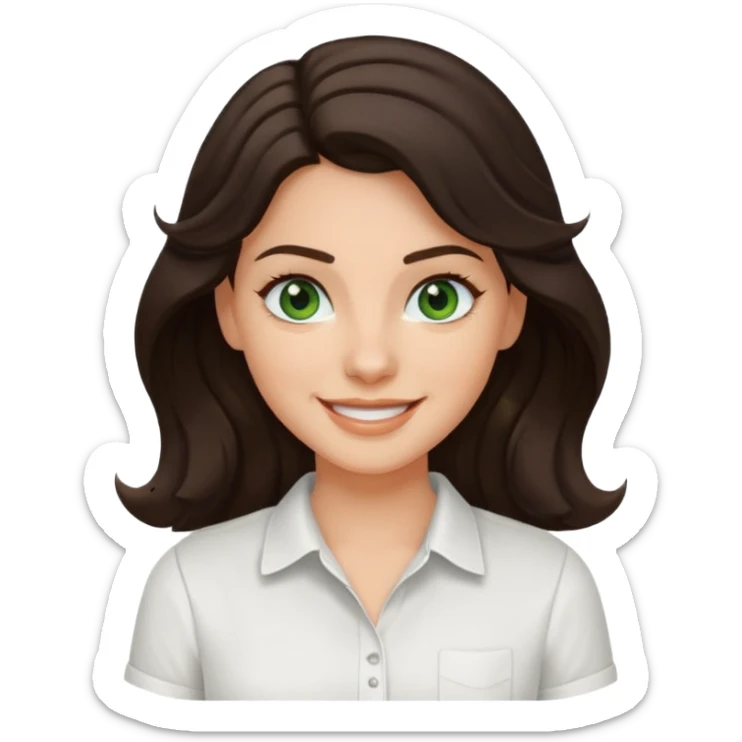 A White girl with wavy and dark hair, dark green eyes and a white shirt smiling sticker