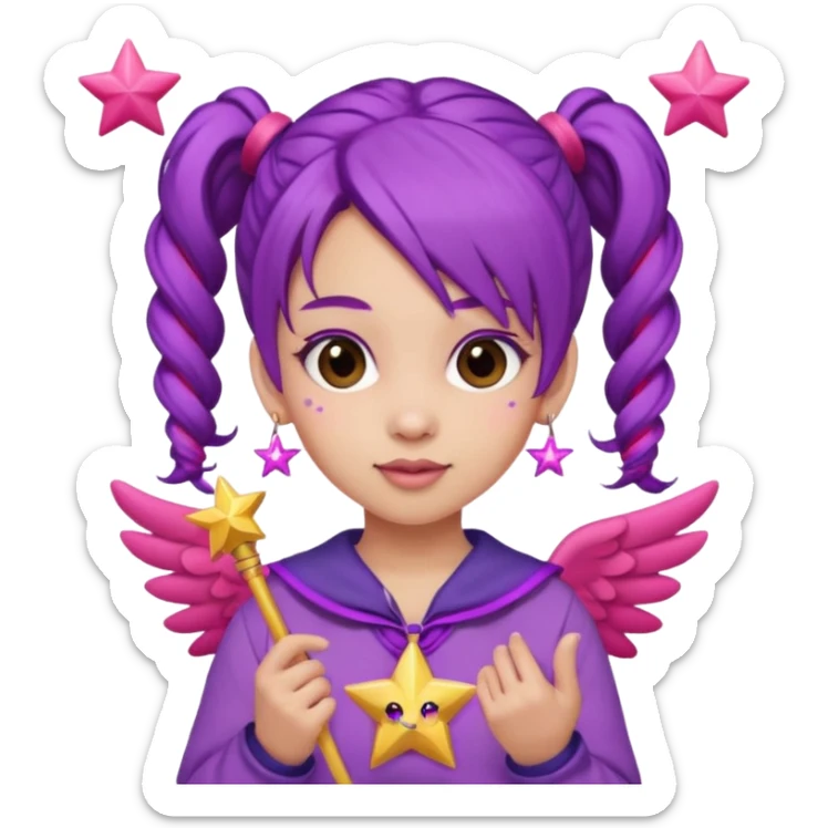 Create an emoji of a fairy-like woman with purple hair tied into two pigtails, red stars in her hair, wearing a pink outfit and pink wings. She is holding a pink star-shaped wand and wearing purple circular earrings. sticker
