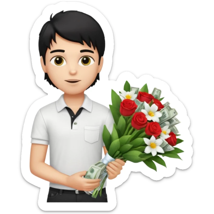 generate a pretty fair bratz boy with a messy mullet (black hair), wearing a white polo.  carrying a bouquet made of money. expensive car behind him sticker