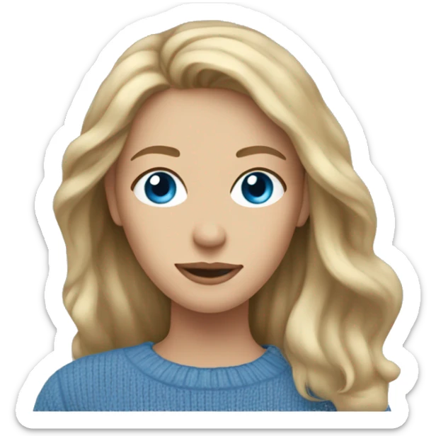 pale blue eyed woman with long dirty blonde hair wearing a blue sweater sticker