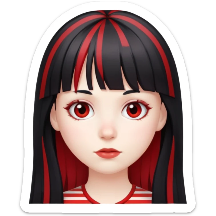 Pale girl, long black hair with red striped hair and bangs sticker