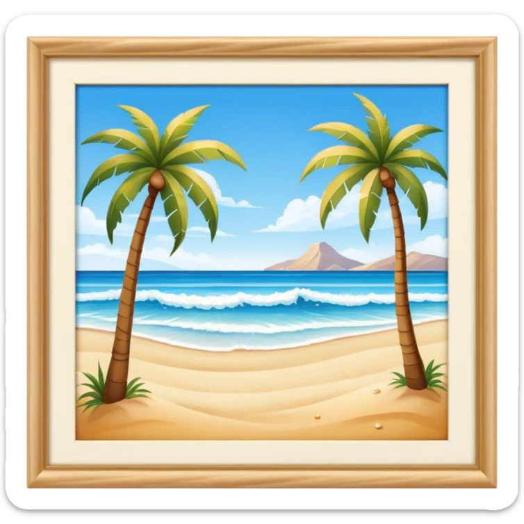 Cinematic Realistic Beach Emoji in a wooden frame, Sunny and bright, with soft golden sand stretching as far as the eye can see, gently lapping waves crashing onto the shore, and a clear, blue sky above. Palm trees sway in the warm breeze, crystal clear water of the waves on the landscape. Soft glowing outline, capturing the essence of a relaxed, joyful beach day filled with sun, sand, and surf! sticker