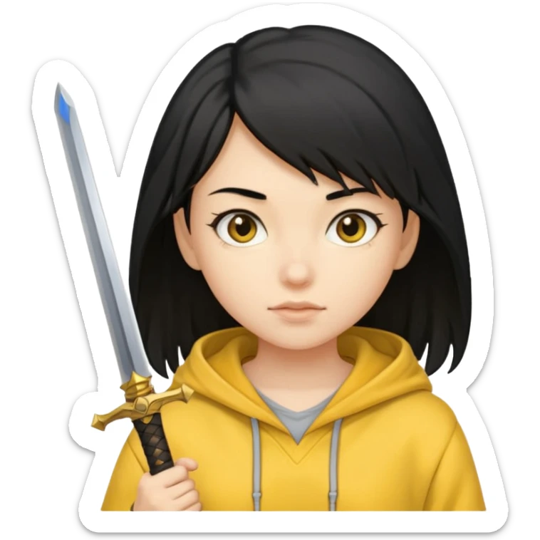 black haired girl holding sword and wearing yellow hoodie sticker
