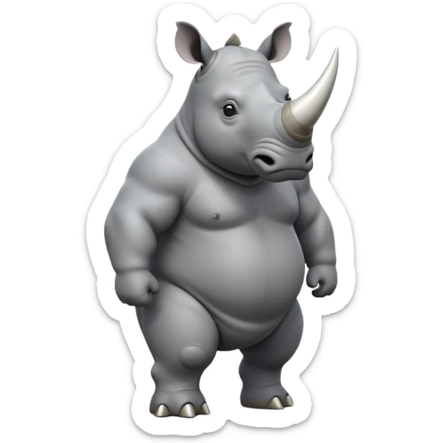 cinematic-rhino-full-body-standing-emoji,white horn, slate grey skin -massive-body-poised-powerfully,-thick-horn-curving-slightly-forward,-head-tilted-dramatically,-rough-grey-hide-covered-in-dust,-simplified-focused-features, sticker
