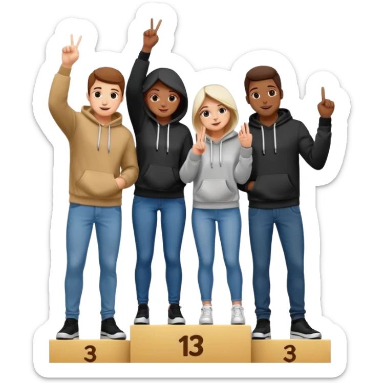 three people black and white in jeans and hoodies on a winners podium with no numbers middle step higher center person holds up one finger on each hand bright cheerful expressive emoji illustration sticker