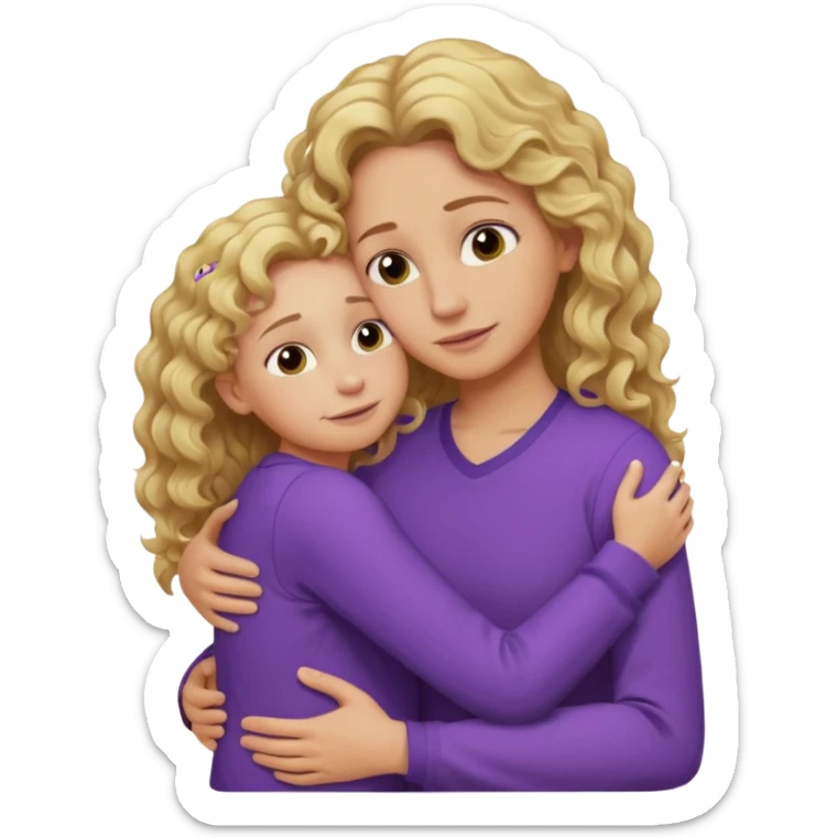 a mother with blond curly long wearing purple hugging his son with brown hair and like saying its okay sticker