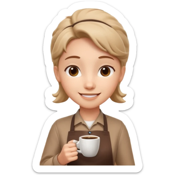 cute barista portrait, head and shoulders only, wearing apron, coffee shop uniform, friendly smile, holding a small coffee cup, 3D cartoon, mobile game icon style, clean background, no text, no watermark
 sticker