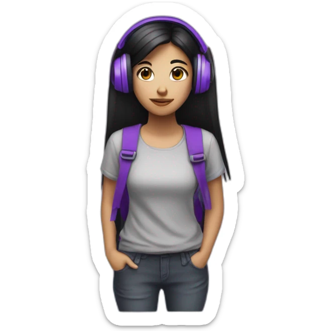 a depressive girl with purple headphones and straight black hair she will have a purple backpack the hair will be parted in the middle and long and the t-shirt will have a text sticker