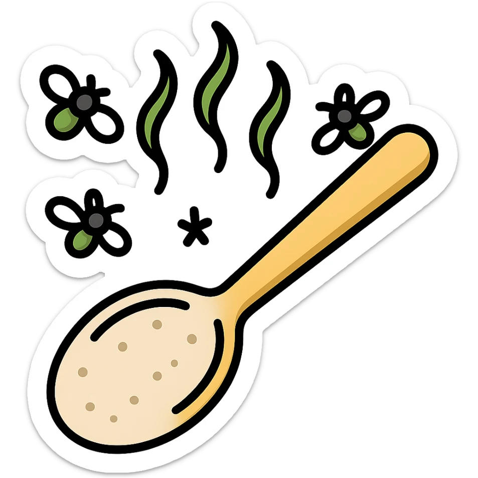 Add flies buzzing around the dirty, old spoon with greenish foul odor vapors. Use icon style with clear outline and simple shading. Preserve transparent background. sticker