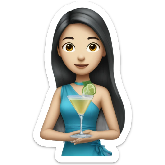 Pretty Asian girl with long hair wearing blue dress drinking martini sticker