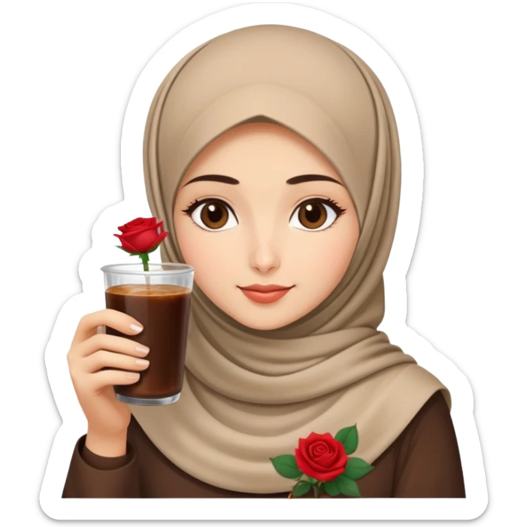 Turkish beautiful finish Konya girl eyes with beige hijab islamic dress and had on her hand Rose Cold brew coffee   sticker