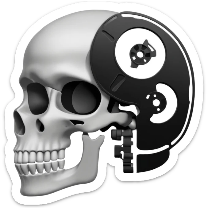 Minimalist emoji-style sticker of a human skull in profile, with a film reel replacing the brain. Grayscale icon with bold silhouette.
 sticker