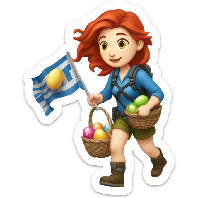 Female mountaineer red hair climbing with the real Greek flag and holding Easter eggs basket sticker