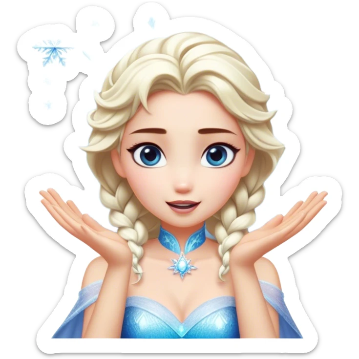 Cinematic Playful Elsa Portrait Emoji, Blowing frost from her hands in a dazzling display, eyes filled with mischief, exuding a magical charm that is both fun and enchanting! sticker