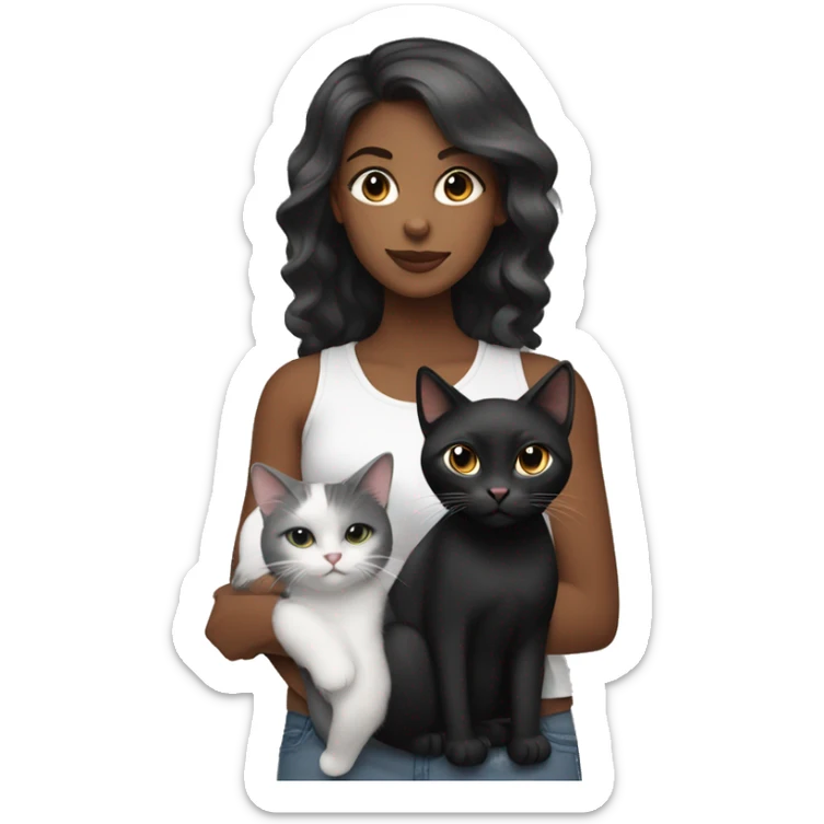 emoji of black female holding a long hair black cat and a white belly cat with grey and black top accents sticker