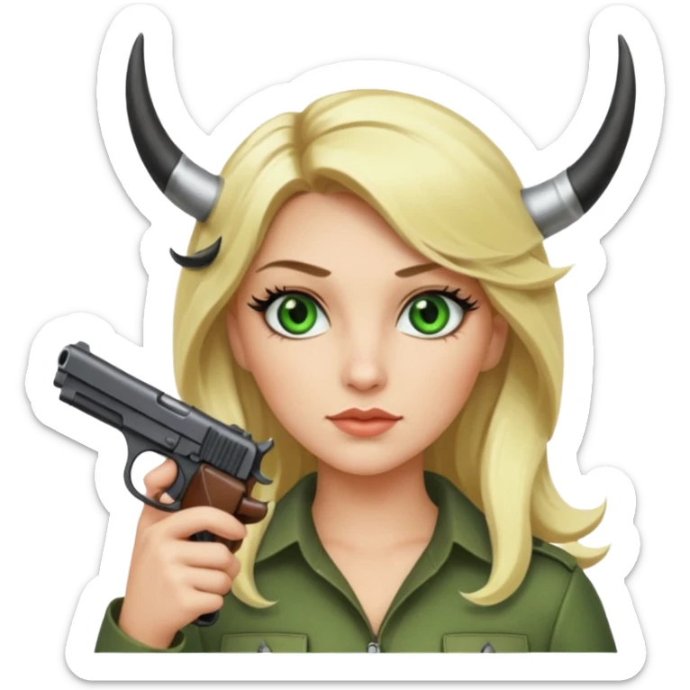 Emoji femme blonde cheveux blond, yeux vert avec de long cils noir qui porte un pistolet et à des cornes  sticker