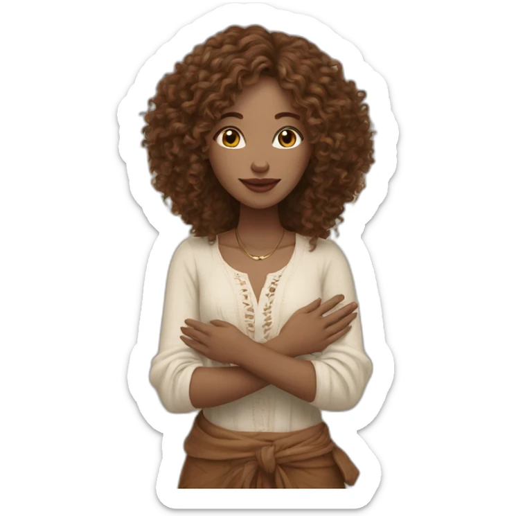 woman-designer in boho style(pale skin, brown middle curly hair) shows heart with her hands sticker