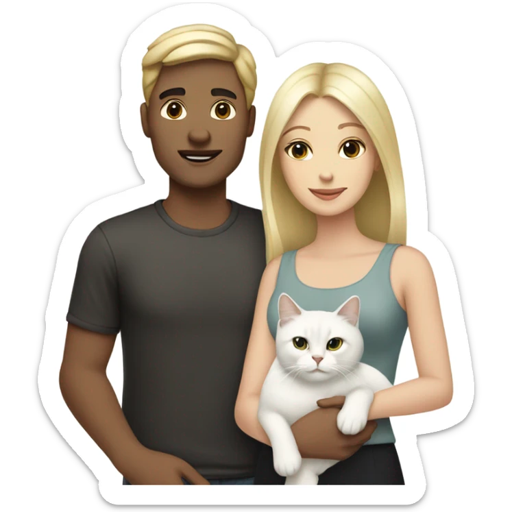 Couple white man with black hair, blonde woman and a white cat  sticker
