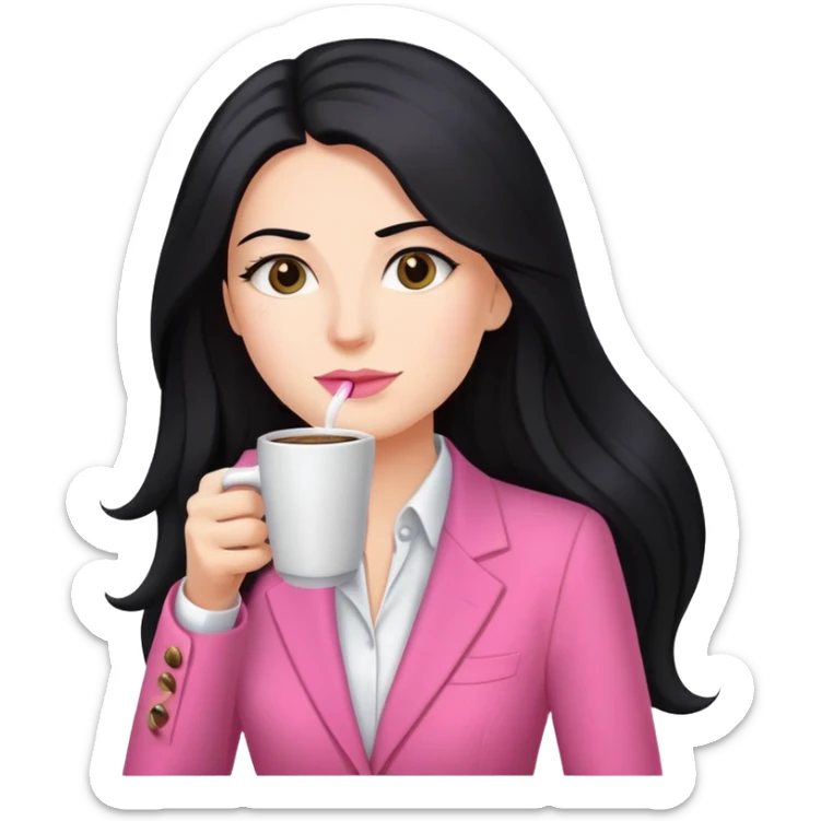 business dressing pink clothes woman  caucasian with a long black hair drinking coffee sticker