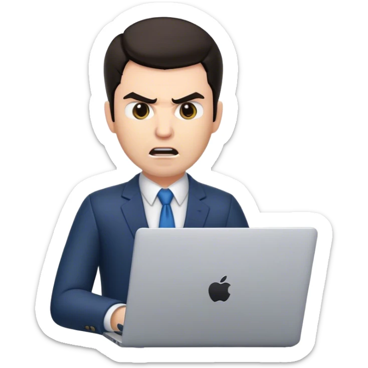 memoji of a white male realtor with a laptop in front, modern, dark hair, angry sticker