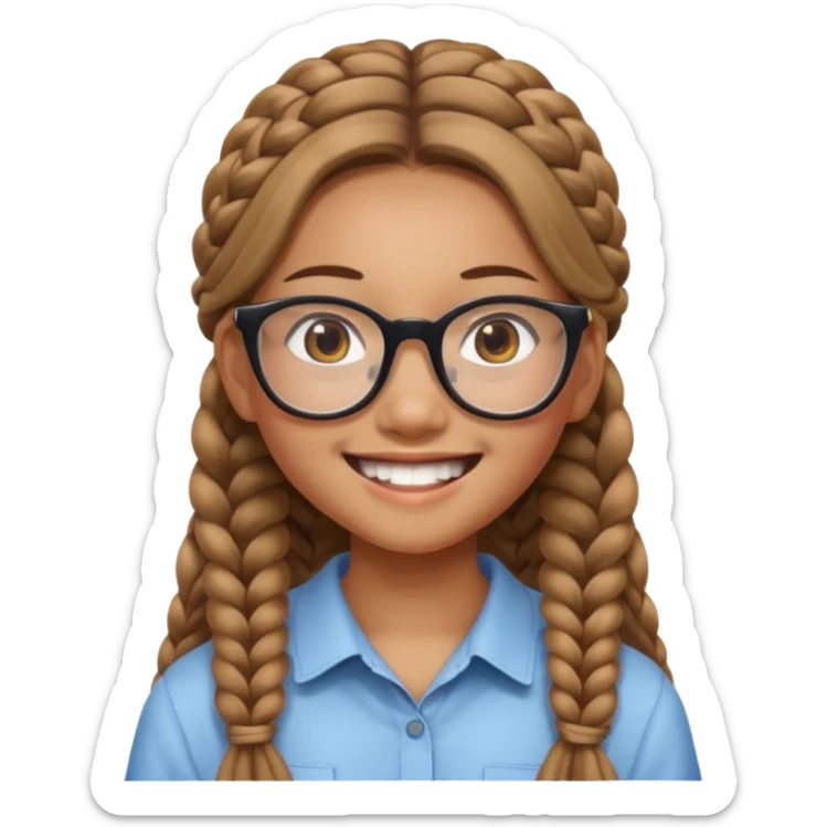 14-year-old Asian girl with long light brown braids, square glasses, big loud smile sticker