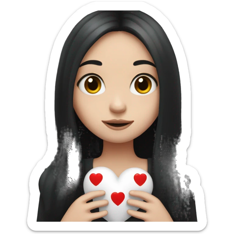 Pale girl with long black hair holding heart in her hands  sticker