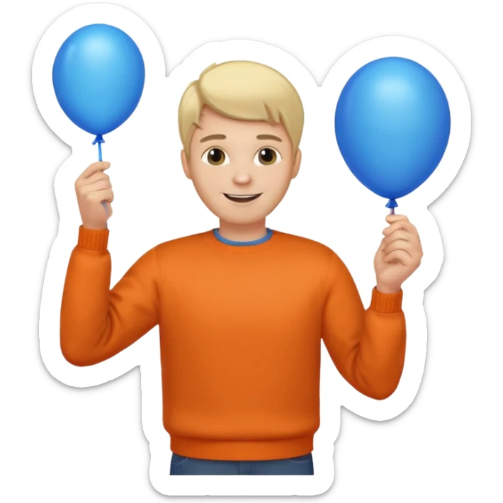 white skin, blonde hair man, orange sweater, hold blue balloon sticker