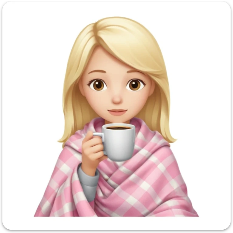 cute blonde girl wrapped in pastel pink plaid blanket drinking coffee sticker