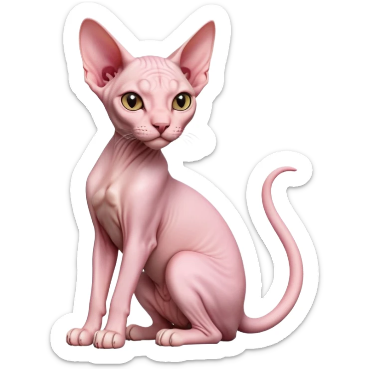 cinematic-[sphynx cat]-realistic-full-body-sitting-emoji,-tail-curled-playfully-around-its-paws,-head-tilted-dramatically,-sleek-[pink]-skin,-simplified-yet-realistic-focused-features,-highly-detailed,-glowing-with-an-almost-sarcastic-glow sticker