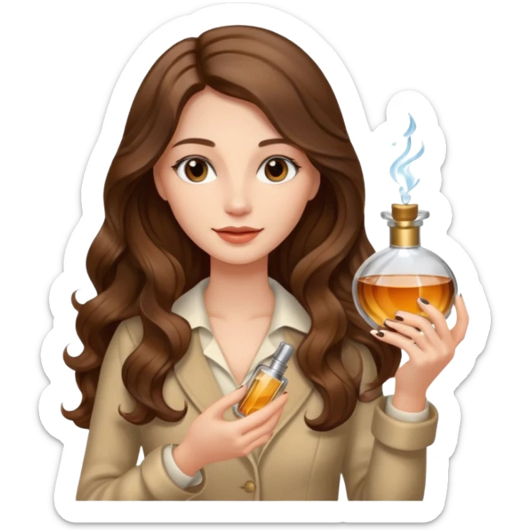 Half body pretty long hair woman holding 1 parfume sticker