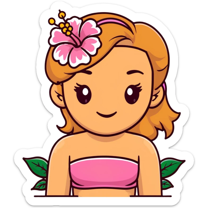 tan girl with dark brown hair and blonde highlights with a hibiscus flower in her hair wearing a pink tube top with tan lines showing sticker
