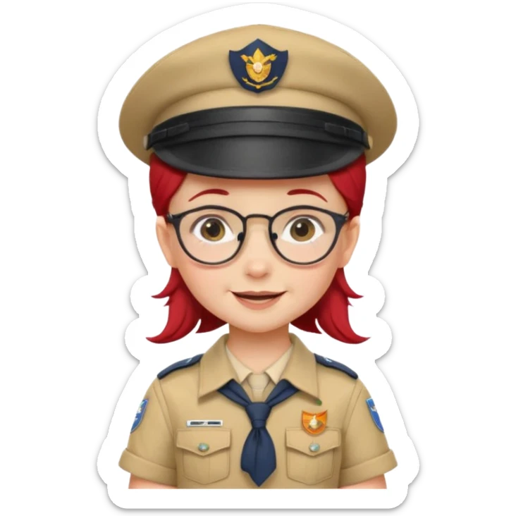 scout girl baby with uniform including the hat,  little with glassess and red hair sticker
