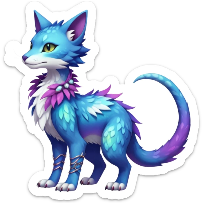 Kawaii iridescent beautiful pretty elegant divine edgy fantasy feline-vernid-sergal-Fakémon-Pokémon-fursona-animal-creature with accessories, full body, with intricate detailed markings sticker