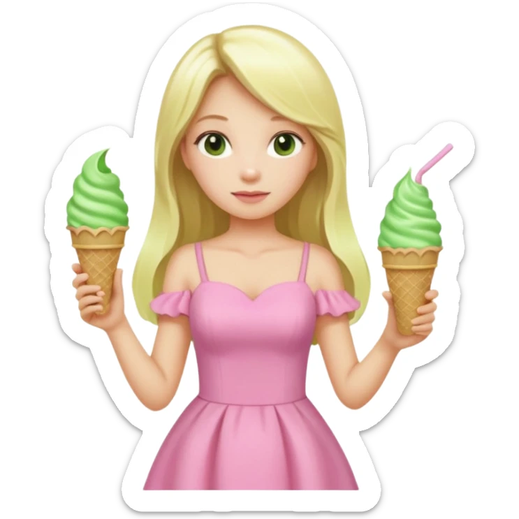 girl blonde long hair in pink dress,  holding matcha ice cream sticker