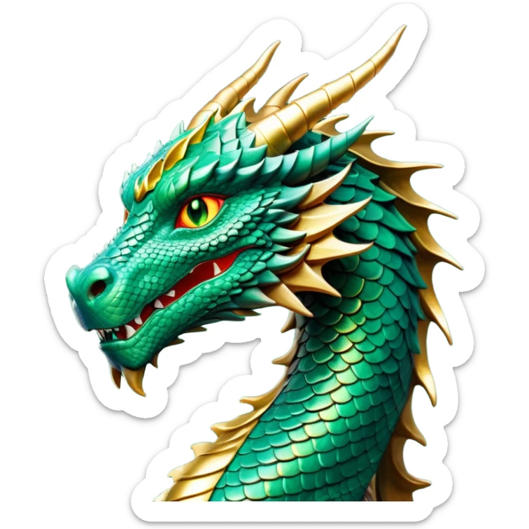 cinematic-noble-dragon-portrait-emoji,-poised-and-majestic,-with-a-sinuous,-elongated-body-covered-in-intricately-detailed,-shimmering-scales-in-hues-of-emerald-and-gold,-and-piercing,-fiery-eyes-that-reflect-ancient-wisdom; sticker