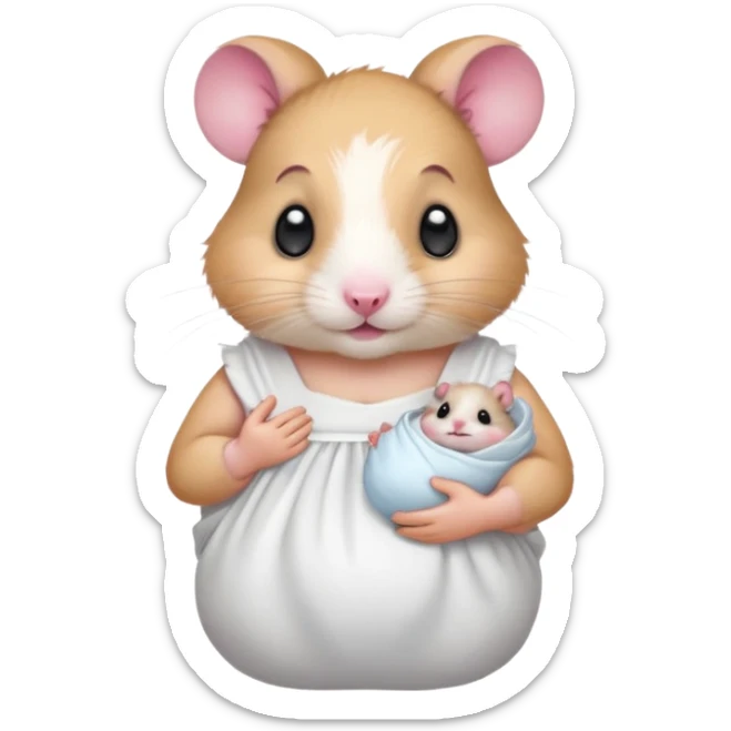 Mama white pretty hamster girl wearing white dress holding a baby hamster wearing nappy  sticker