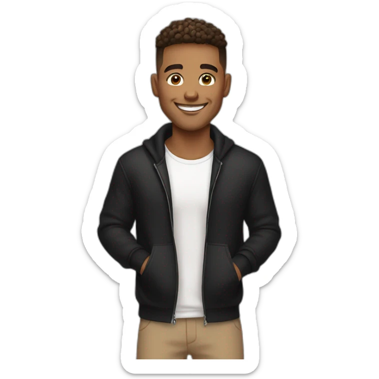 Smiling guy, barber fade haircut, wearing a black quarter zip sweater with white tee shirt under, tan skin tone sticker