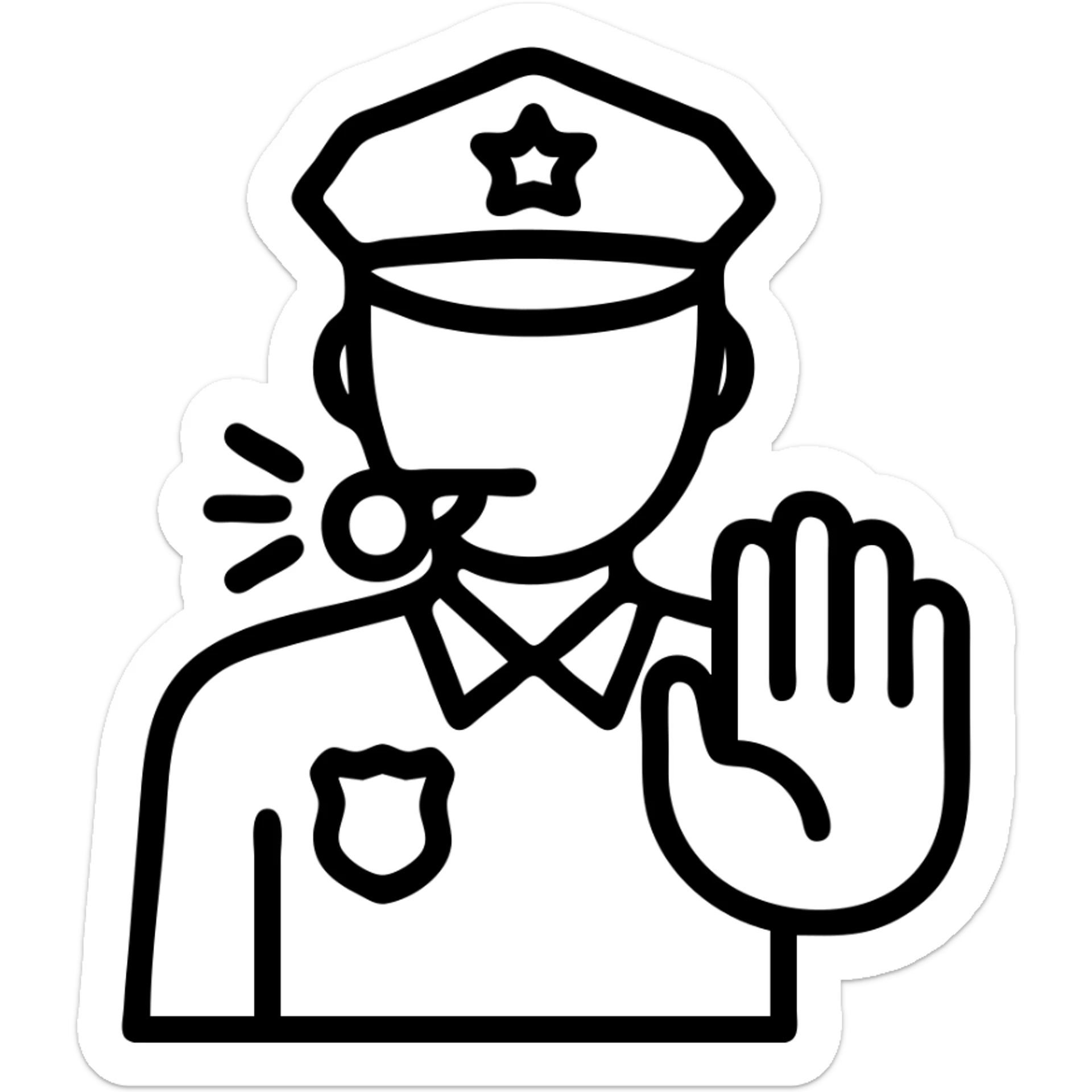 minimalist icon of a police officer facing forward, blowing a whistle, one hand up in a stop sign, clean lines, no background sticker