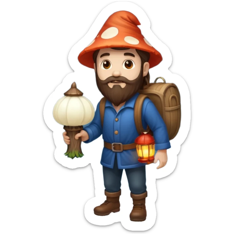 full body man long brown hair brown eyes medium beard white skin carrying glowing mushroom lantern sticker