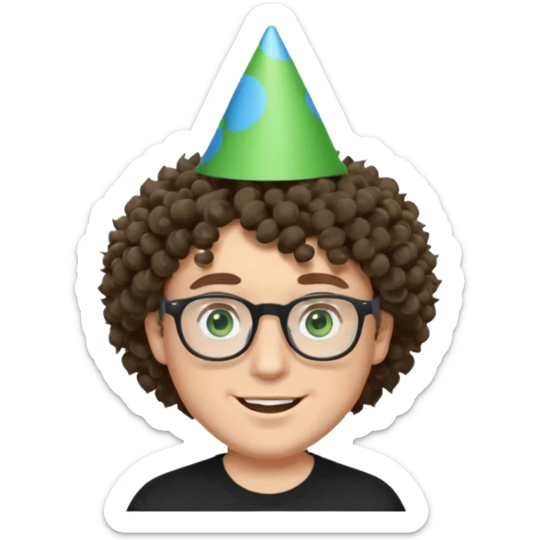 A white guy with curly brown hair and green eyes with a happy face, and wear square black glasses.He’s also got a full silver birthday party hat on his head with blue pom poms on top of it, and his T-shirt is all black, he wears a little gold circle earrings on his left  sticker